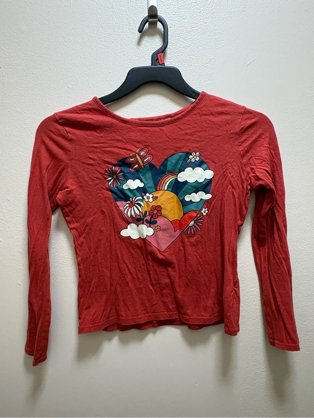 Burnt Orange Long Sleeve Tee with Colorful Heart Graphic